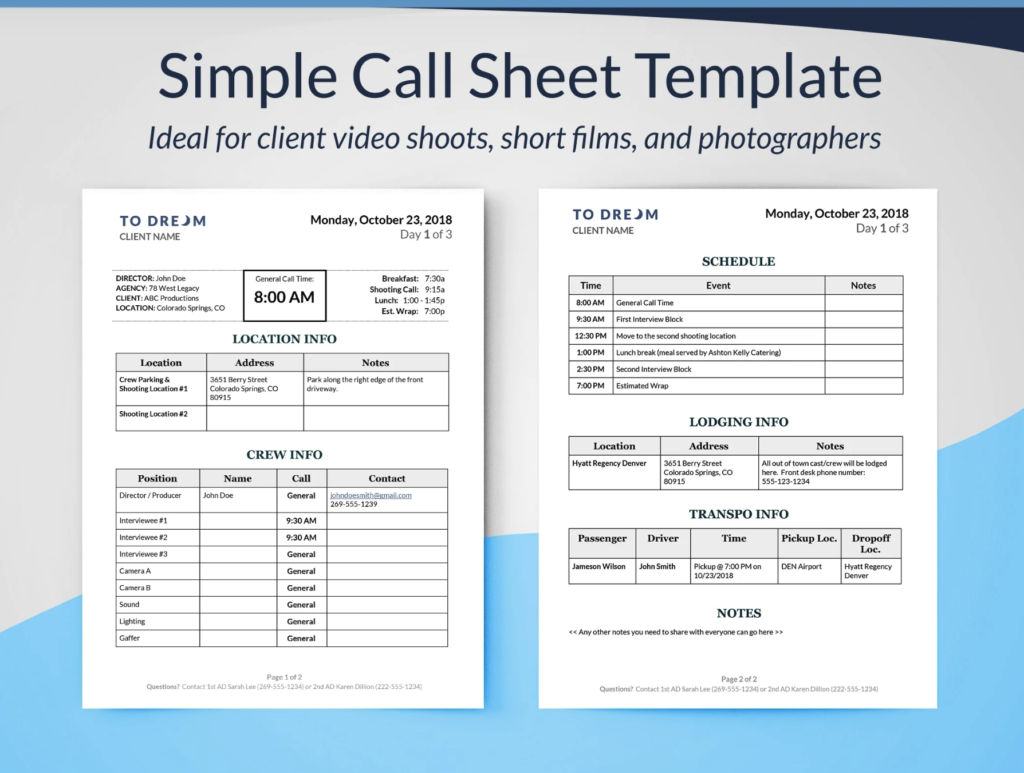 Call sheet template ideal for client video shoots, short films and photograpgers.